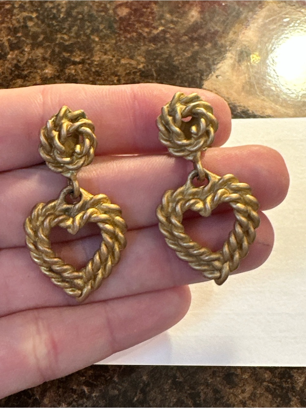 Vintage Gold Tone Rope Heart Dangle Clip-On Earrings Romantic Statement Jewelry